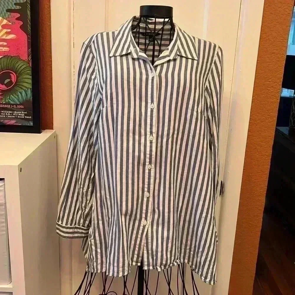 Women's Zac & Rachel Striped Button Up Long Sleeve Tunic Shirt-Sz L